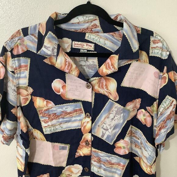 Jamaica Bay Vintage Navy Seashell Postcard Coastal Tropical Hawaiian Shirt 1X - Picture 2 of 12